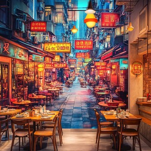 霓虹闪烁的复古港式美食街