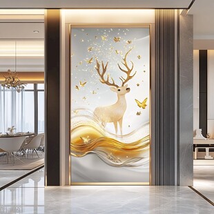 轻奢风玄关金鹿蝴蝶壁画