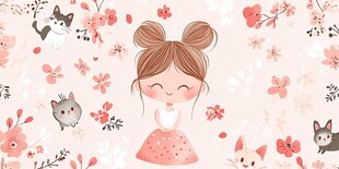 可爱女孩与萌猫花卉插画