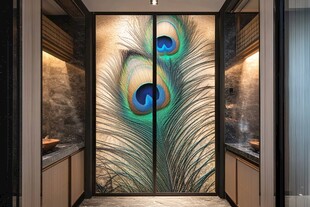 孔雀羽毛艺术玻璃双开门