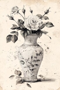 复古花瓶中的素描玫瑰花