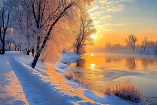 冬日河畔日出雪景美如画