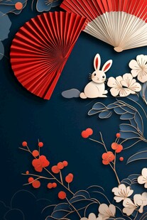 兔年折扇花卉装饰插画