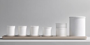 白色杯具整齐摆放在托盘上