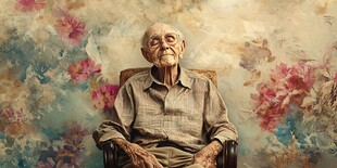 坐于繁花背景中的沧桑老人