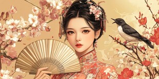 古典佳人持扇伴花鹊