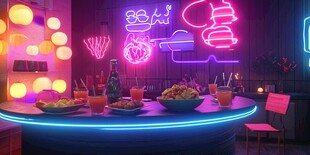炫彩霓虹酒吧内的美食场景