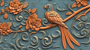 浮雕鹦鹉与繁花装饰图案