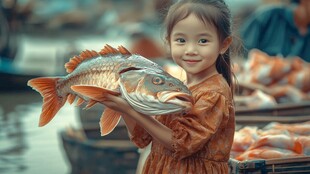 小女孩开心捧大鱼