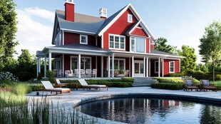 红色田园风别墅与户外泳池