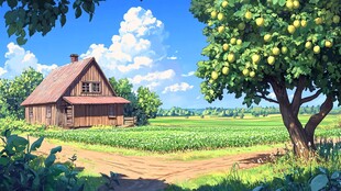 乡村田园小屋旁的丰收景象