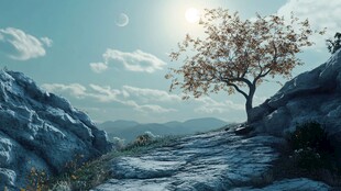 孤树屹立于山间壮美风景