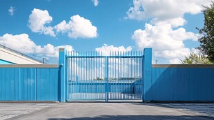 蓝色围墙铁门与晴朗天空