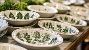 绿叶花纹陶瓷碗整齐陈列