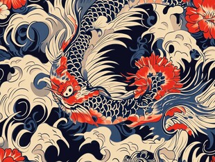 日式锦鲤海浪花卉纹样