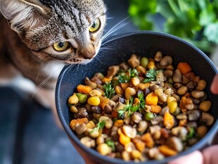 猫咪紧盯美味猫粮碗