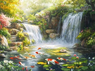 山间锦鲤瀑布诗意美景