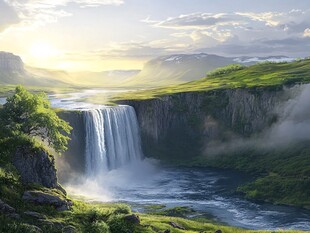 壮美山间瀑布日出美景