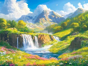 梦幻山间瀑布花卉美景