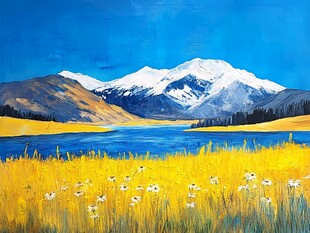 湖畔花海映雪山美景