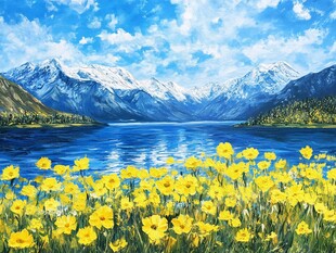 湖畔黄花映雪山美景