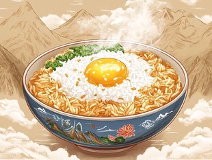 日式温泉蛋盖饭插画