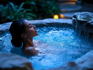 女子惬意享受温泉时光