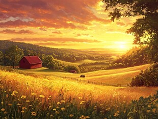 夕阳下的田园牧歌美景