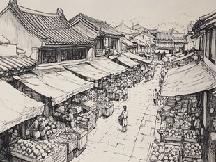 古风集市街景 热闹市井图