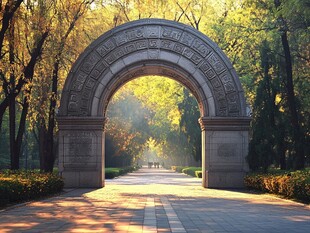 校园石拱门沐浴金色阳光