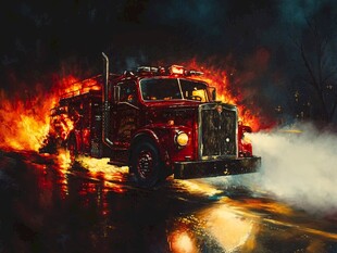 烈焰中的红色消防车