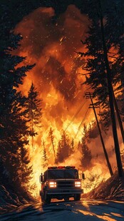 森林大火中逆行的消防车