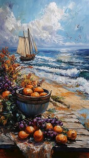 海边木桌的水果与帆船景