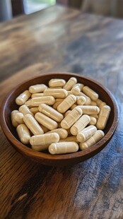 木碗中的营养保健药丸