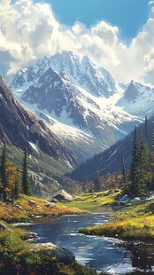 雪山下的溪边多彩山林