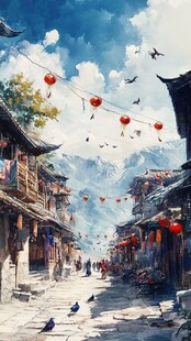 古街盛景 灯笼飞鸟与远山
