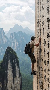 男子峭壁攀岩赏壮美山色