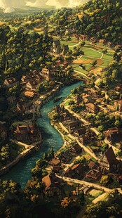 俯瞰河畔迷人古朴村落