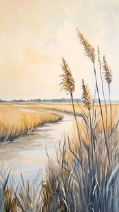 河畔芦苇映着金色余晖