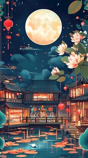 月夜下的中式水乡美景