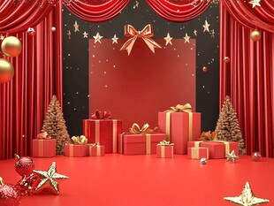 圣诞红幕下的礼物场景
