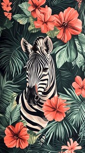 斑马置身热带花卉丛林中