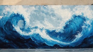 海浪油画 汹涌澎湃的蓝色力量