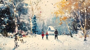 冬日亲子漫步雪景图