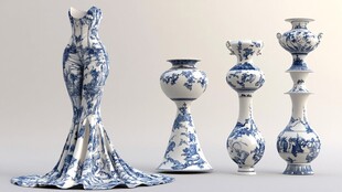 青花瓷礼服与古典花瓶组合