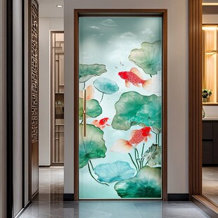 中式荷花金鱼入户门装饰画