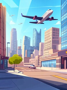 城市上空的飞机飞行景象