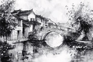 水墨江南水乡石桥景致