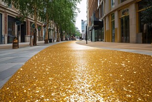 城市中闪耀的金色街道