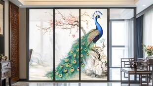 中式客厅孔雀艺术玻璃隔断